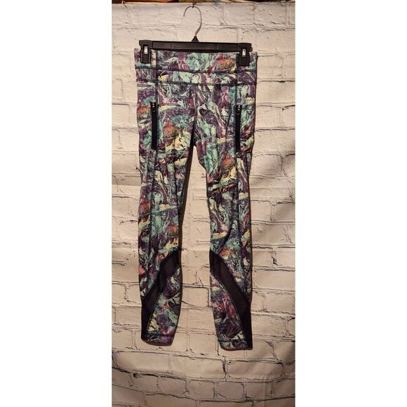 Lululemon Womens Size 4 Small Leggings Green Yellow Floral Zip Pockets Mesh - Picture 1 of 11
